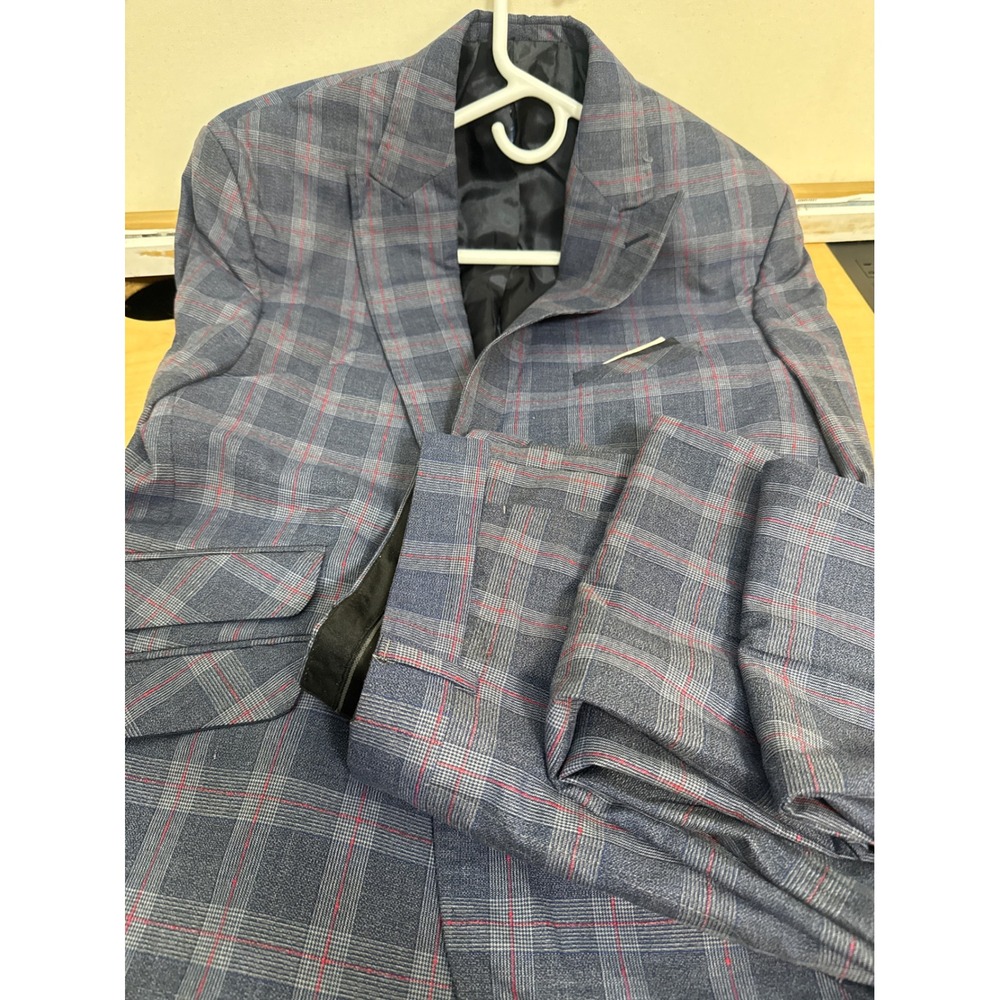 Mens Blue Red Plaid 2 Piece Suit Set Two Button Blazer and Trousers 44R 36x26.5